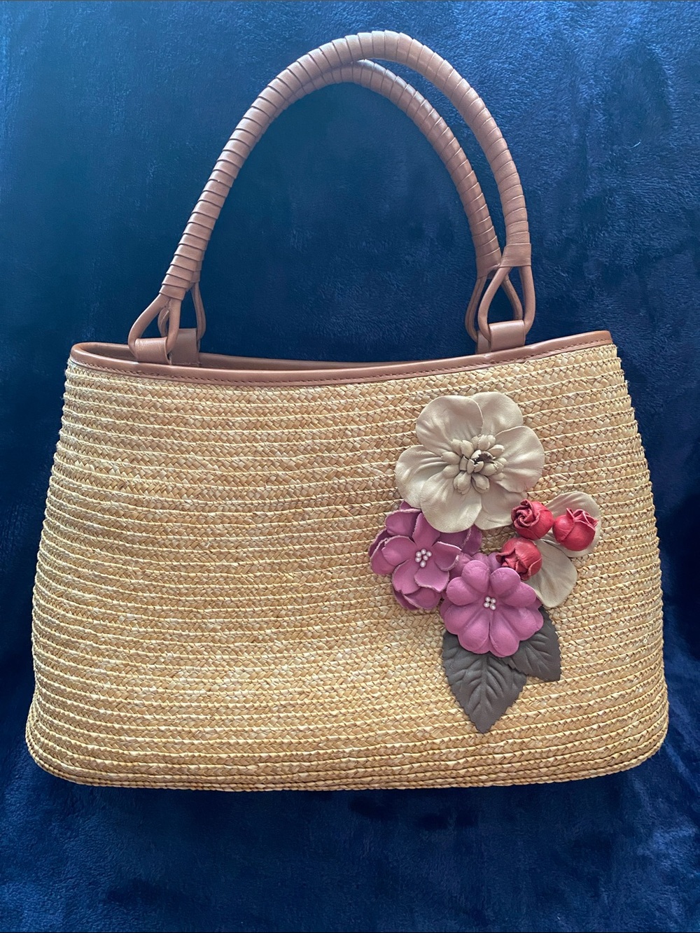 Talbots Straw Tote with Pink and Cream Floral Appliqué